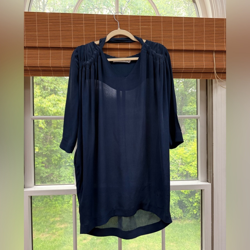 & Other Stories 100% Silk Navy Washable Blouse Relaxed Fit 3/4 Sleeves